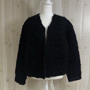 Chicos Embroidered Swirl Wool Sweater‎ Cardigan Chunky Heavy Black 3 L/XL